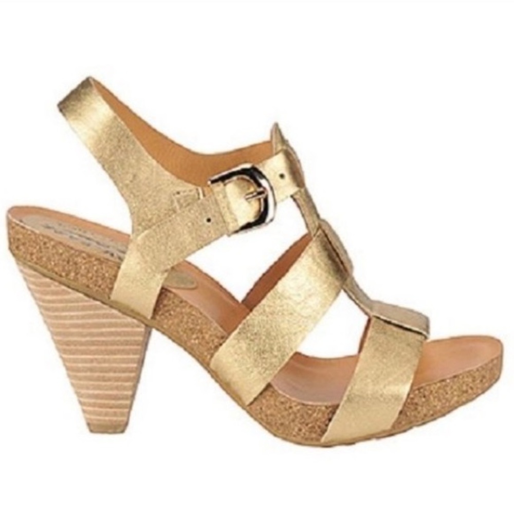 Kork-Ease Gold Metallic Strappy Cork Heel Sandals